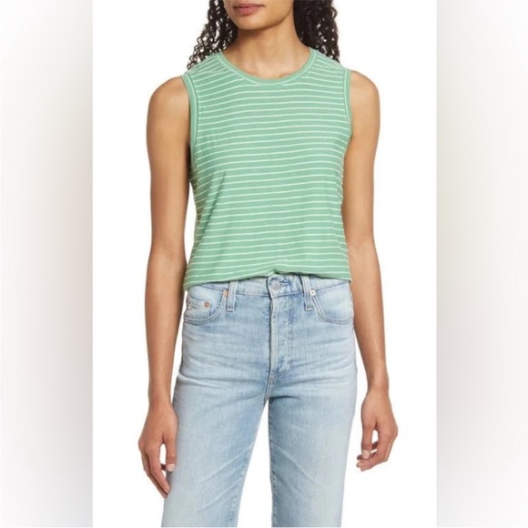 Marine Layer Tops - MARINE LAYER Green and White Lydia Textured Striped Tank Top Size XL